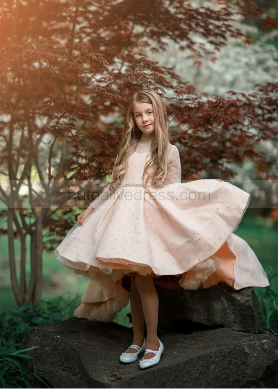 Apricot Pink Beaded Satin Tulle High Low Flower Girl Dress